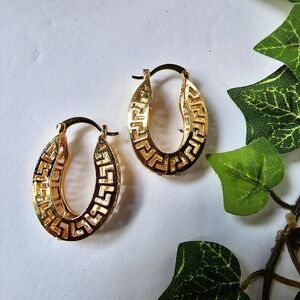 Gold Filled Greek Key Oval Hoop Earrings